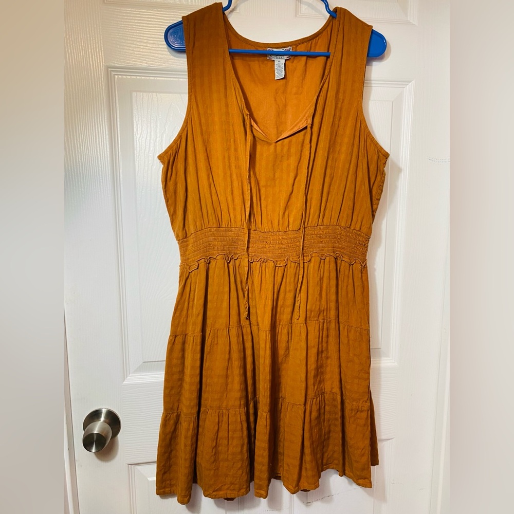 Rust Orange Mini Dress with elastic waist and tie at top size xl